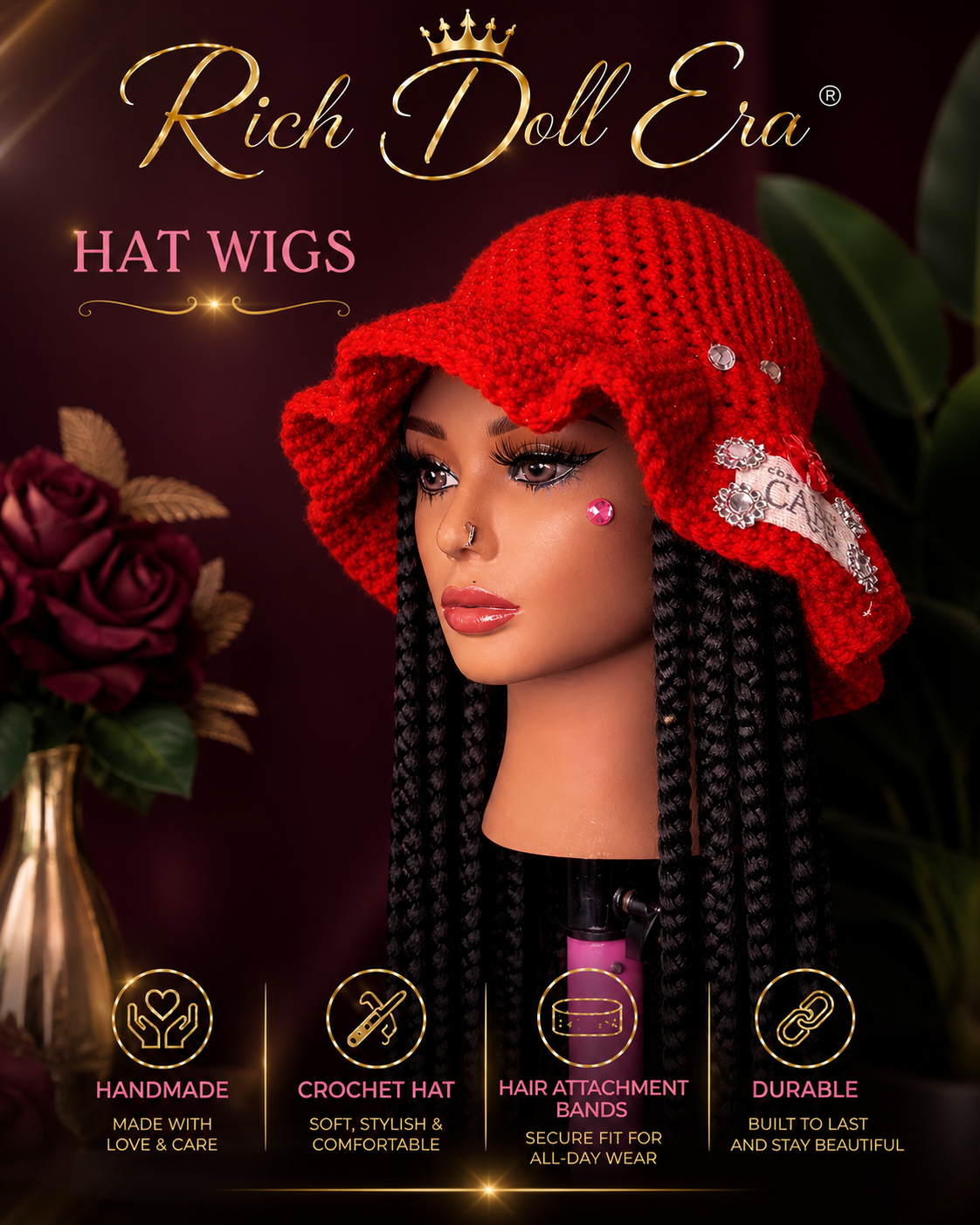 RDE💋 | Hat Wigs | Handmade Crochet Hat | Braids or 100% Human Hair Styles